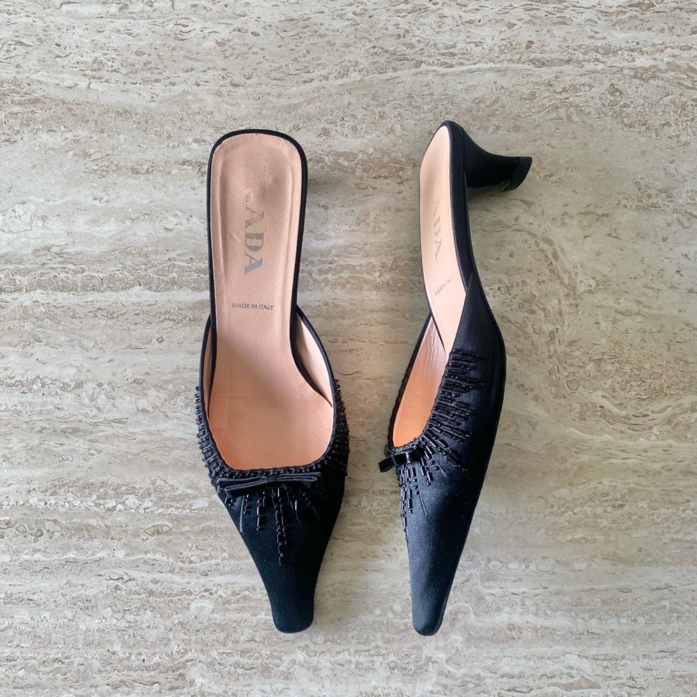 Vintage Prada Satin Beaded Bow Kitten Heel Mules - Picture 2 of 8